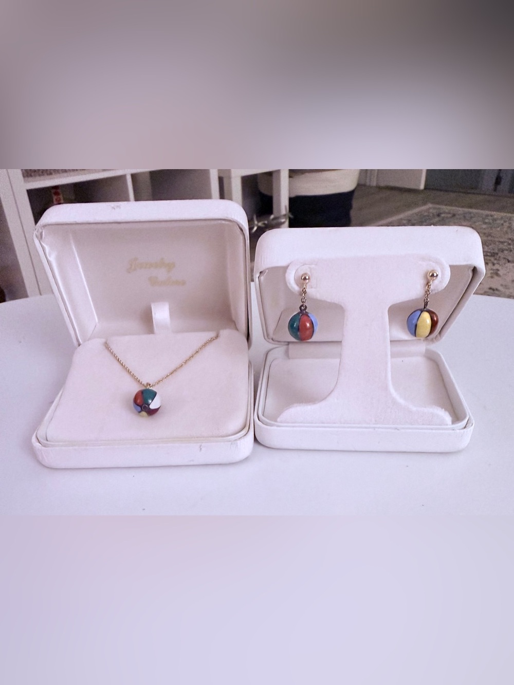 Multicolor Enamel Ball Pendant Necklace and Drop Earrings Set NWOT
